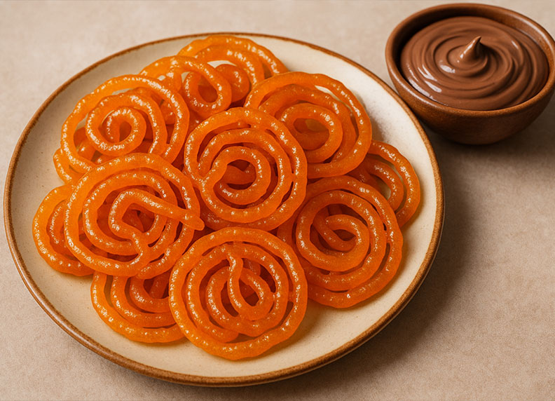 Plate of jalebis served with a bowl of choco spread